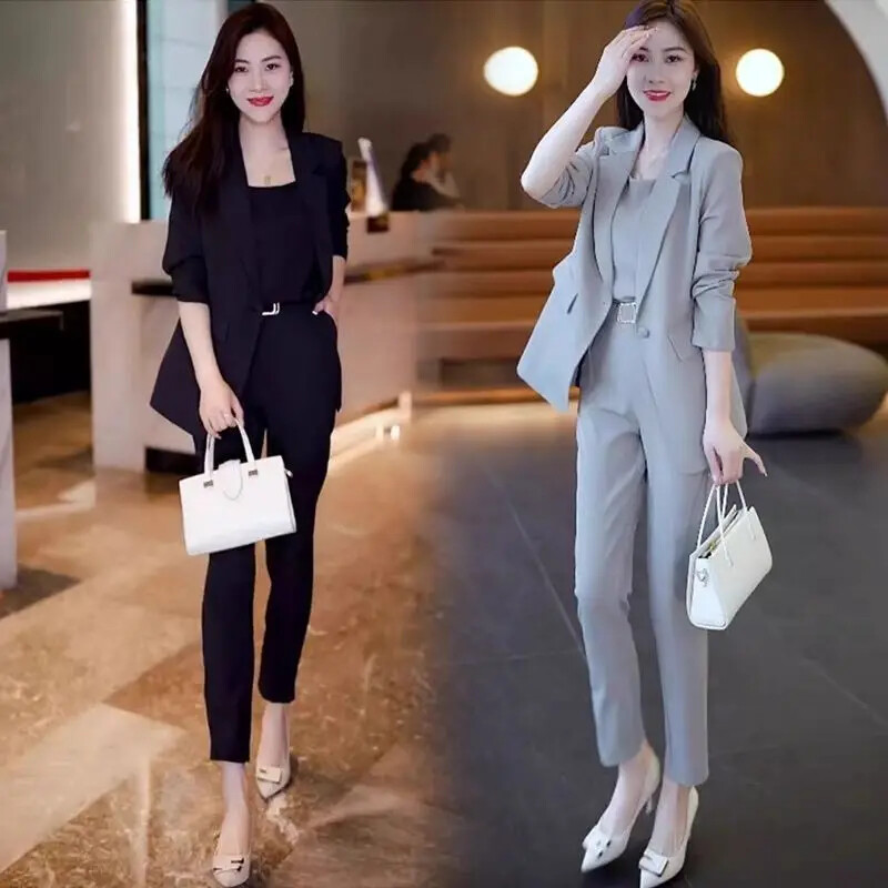 Női, 2024. őszi, téli új divatos, professzionális koreai öltöny Elegáns, alkalmi blézerek, kabát + nadrág + nadrág, háromrészes öltöny