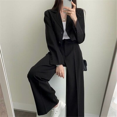 Suvine uus lühike top jakk bleiser laia säärega püksid kaheosaline komplekt Elegantne naiste kontori vabaaja komplekt varustus