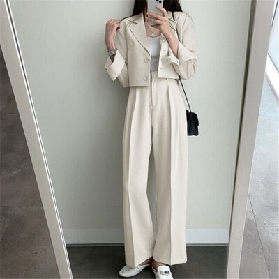 Suvine uus lühike top jakk bleiser laia säärega püksid kaheosaline komplekt Elegantne naiste kontori vabaaja komplekt varustus