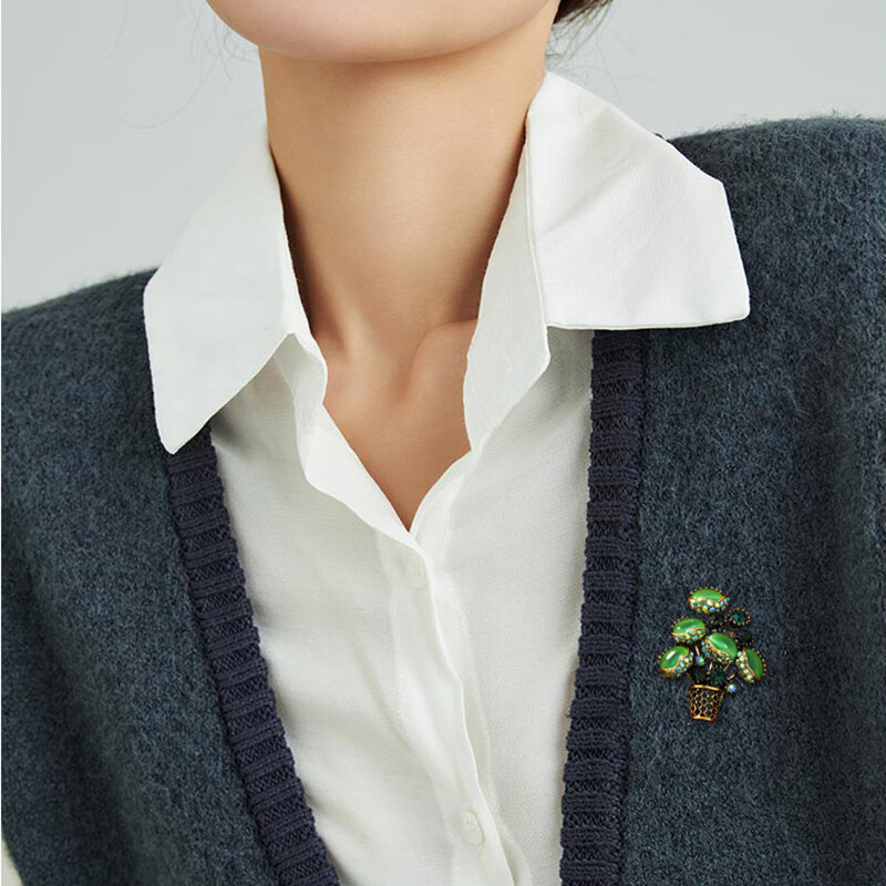 Broșe de modă verde Opal Venus Flytrap pentru femei, cristal Bonsai, ace de rever, accesorii de îmbrăcăminte pentru femei, corsaj de plante vintage