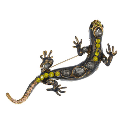 BROȘĂ SALAMANDRĂ Pin Gri Verde Stras Negru Email Bijuterii Costume