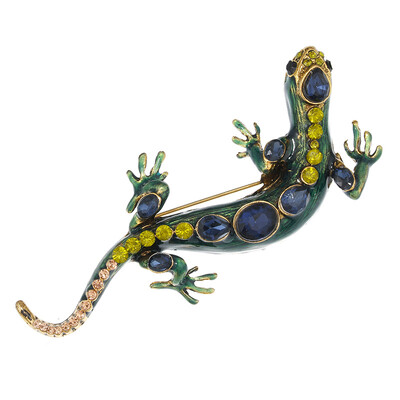 BROȘĂ SALAMANDRĂ Pin Gri Verde Stras Negru Email Bijuterii Costume