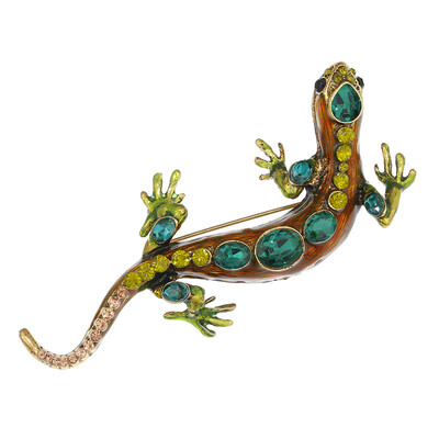 BROȘĂ SALAMANDRĂ Pin Gri Verde Stras Negru Email Bijuterii Costume