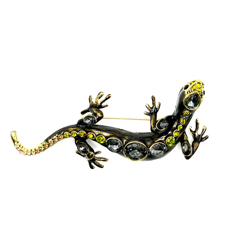 BROȘĂ SALAMANDRĂ Pin Gri Verde Stras Negru Email Bijuterii Costume