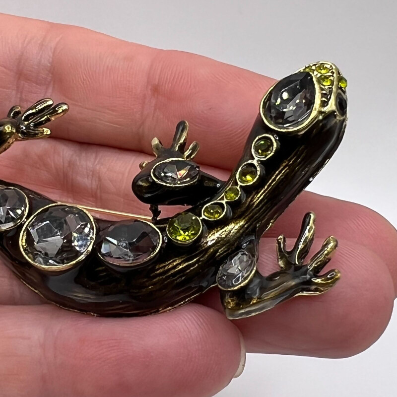 BROȘĂ SALAMANDRĂ Pin Gri Verde Stras Negru Email Bijuterii Costume