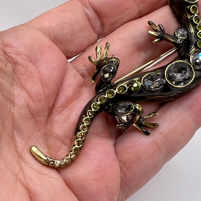 BROȘĂ SALAMANDRĂ Pin Gri Verde Stras Negru Email Bijuterii Costume