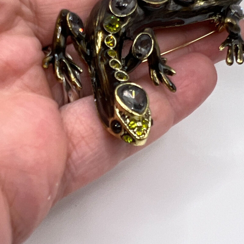 BROȘĂ SALAMANDRĂ Pin Gri Verde Stras Negru Email Bijuterii Costume