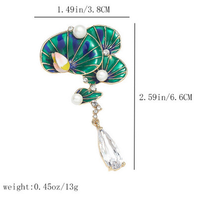Rhinestone Waterdrop Tassel Green Lotus Flower Καρφίτσες για Γυναικείες Κομψές καρφίτσες κοστουμιού με φύλλα Lotus Φυτό σήμα Μόδα κοσμήματα