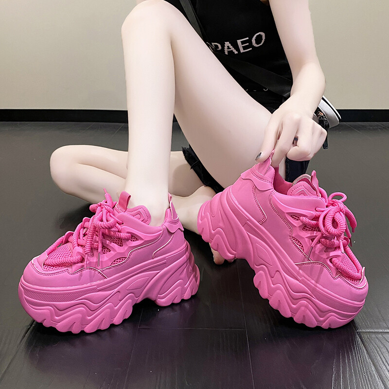 Pantofi cu tocuri ascunse, albi, groși, femei, respirabili, cu șireturi, cu platformă înaltă, pantofi pentru femei, toamna 2023, pantofi anti-alunecare cu fund gros