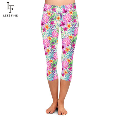 LETSFIND Stil de vară Flori frumoase Imprimare digitală Fitness Capri Leggings Talie înaltă, la jumătatea gambei, Jambiere 3/4