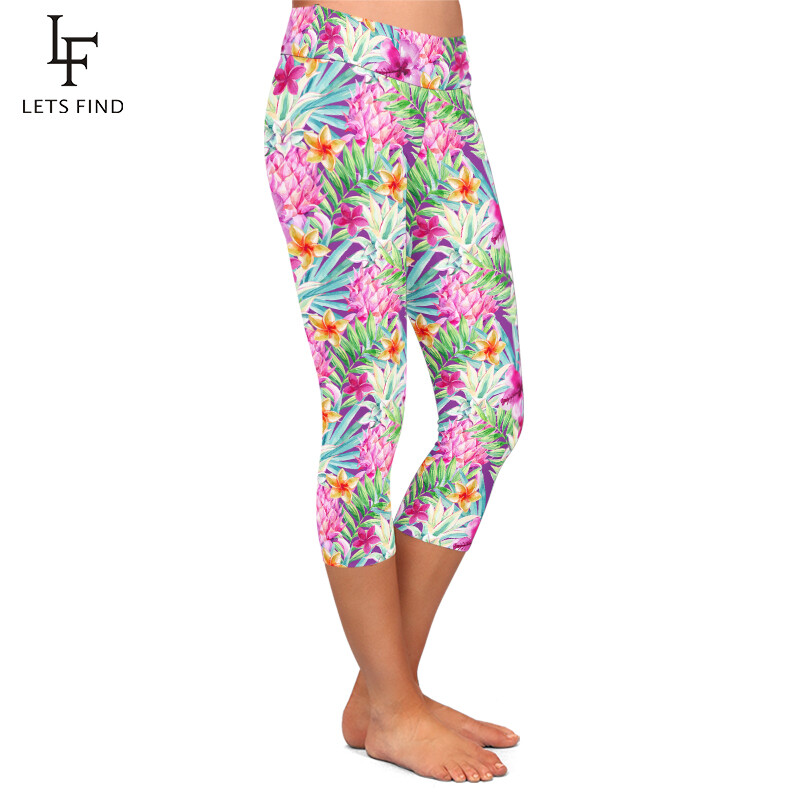 LETSFIND Stil de vară Flori frumoase Imprimare digitală Fitness Capri Leggings Talie înaltă, la jumătatea gambei, Jambiere 3/4
