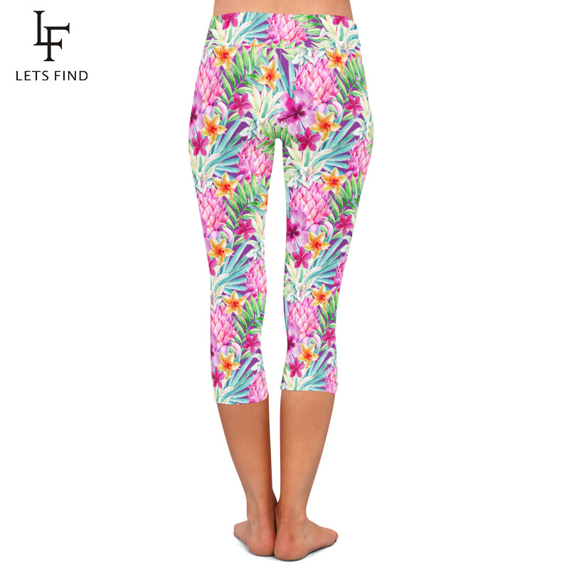 LETSFIND Stil de vară Flori frumoase Imprimare digitală Fitness Capri Leggings Talie înaltă, la jumătatea gambei, Jambiere 3/4