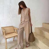 Σετ παντελόνι με φαρδύ πόδι από βαμβακερό λινό γιλέκο κοστούμι για άνοιξη και καλοκαίρι Γυναικείο αμάνικο μοδάτο αμάνικο σετ παντελόνι με πλισέ χαμηλή μέση