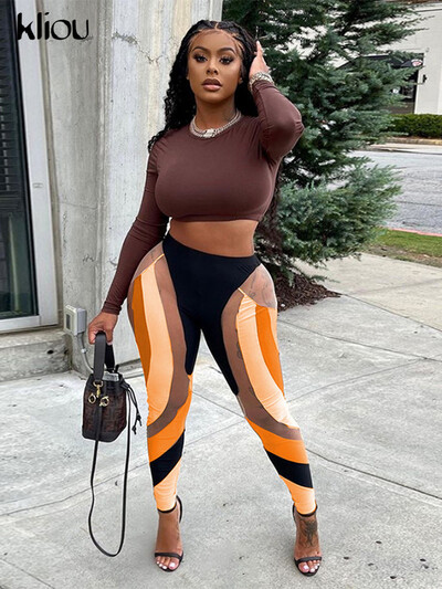 Kliou Mesh Patchwork Print Leggings Női Csípő Y2K Varrás Szín Egyező Kabát Nadrág Magas derekú alakformáló magas utcai viselet