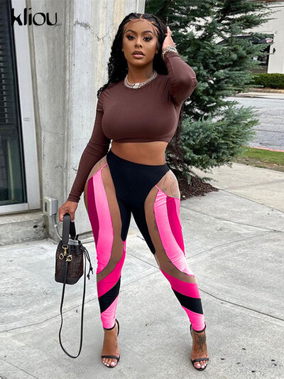Kliou Mesh Patchwork Print Leggings Női Csípő Y2K Varrás Szín Egyező Kabát Nadrág Magas derekú alakformáló magas utcai viselet