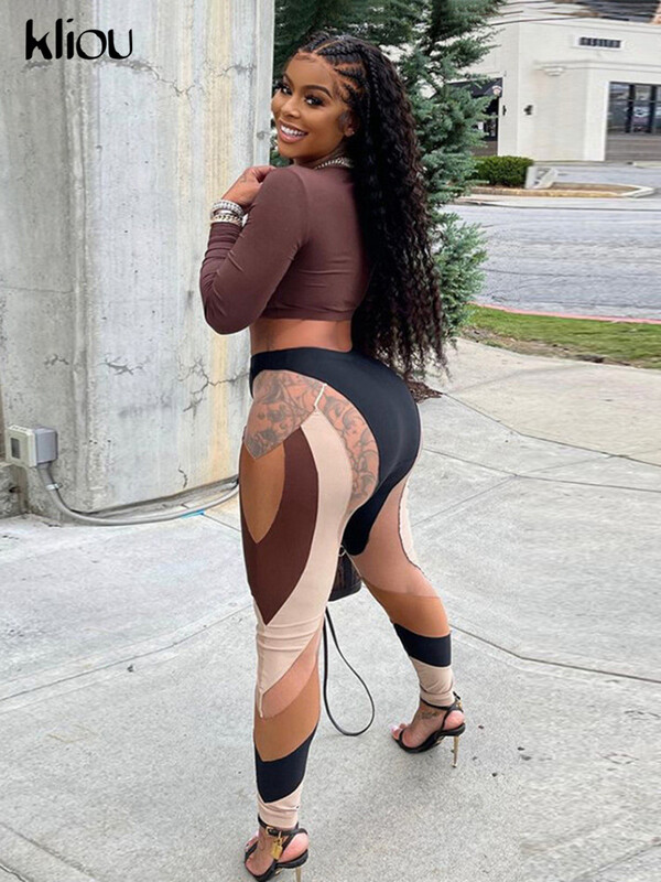 Kliou Mesh Patchwork Print Leggings Női Csípő Y2K Varrás Szín Egyező Kabát Nadrág Magas derekú alakformáló magas utcai viselet