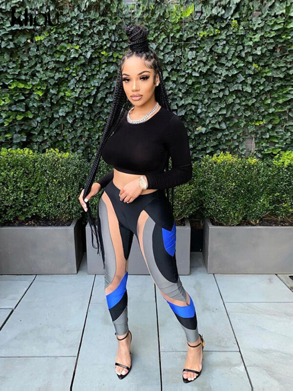 Kliou Mesh Patchwork Print Leggings Női Csípő Y2K Varrás Szín Egyező Kabát Nadrág Magas derekú alakformáló magas utcai viselet
