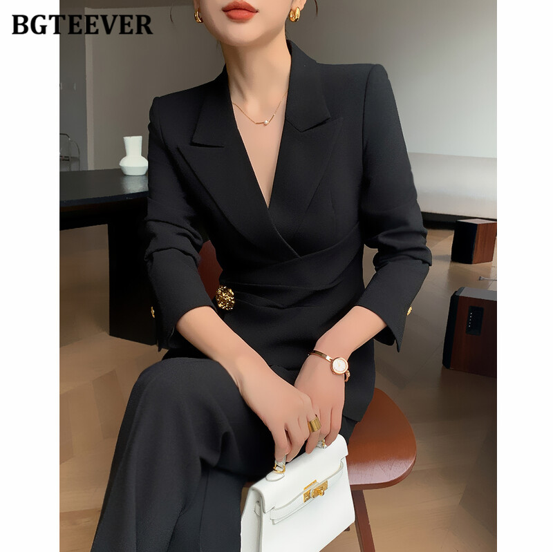 BGTEEVER Costume cu pantaloni elegante subțiri pentru femei, cu mânecă lungă, jachete, pantaloni pentru damă, set 2 bucăți