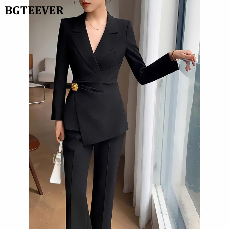 BGTEEVER Costume cu pantaloni elegante subțiri pentru femei, cu mânecă lungă, jachete, pantaloni pentru damă, set 2 bucăți