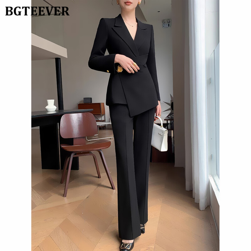 BGTEEVER Costume cu pantaloni elegante subțiri pentru femei, cu mânecă lungă, jachete, pantaloni pentru damă, set 2 bucăți