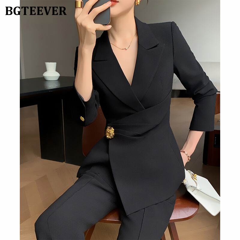 BGTEEVER Costume cu pantaloni elegante subțiri pentru femei, cu mânecă lungă, jachete, pantaloni pentru damă, set 2 bucăți