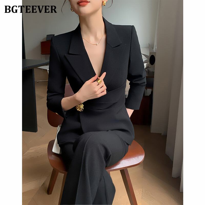 BGTEEVER Costume cu pantaloni elegante subțiri pentru femei, cu mânecă lungă, jachete, pantaloni pentru damă, set 2 bucăți