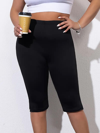 Curvy Plus Size Γυναικείο Skinny Κάπρι με μεσαίο παντελόνι σπαστό στο πλάι Μονόχρωμο ελαστικό κολάν Μόδα Casual καλοκαιρινό πλεκτό παντελόνι