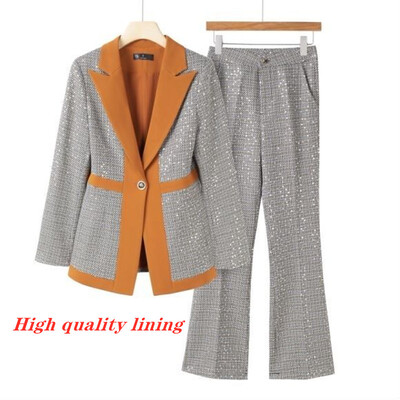 Ανοιξιάτικο σακάκι αντίθεσης χρώματος Patchwork Blazer Παντελόνι με φαρδύ πόδι Κομψό γυναικείο παντελόνι δύο τεμαχίων Κοστούμι κορεατικού στυλ γραφείου