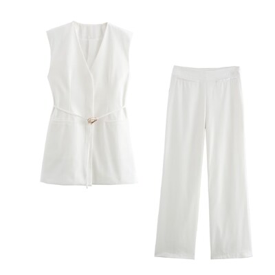 TRAFZA Set 2 piese pentru femei, cu centură elegantă, fără mâneci, cu buzunar, cu decolteu în V, decorare, vestă casual Top + fermoar lateral, pantaloni largi cu talie înaltă.
