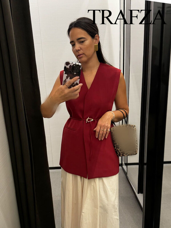 TRAFZA Set 2 piese pentru femei, cu centură elegantă, fără mâneci, cu buzunar, cu decolteu în V, decorare, vestă casual Top + fermoar lateral, pantaloni largi cu talie înaltă.