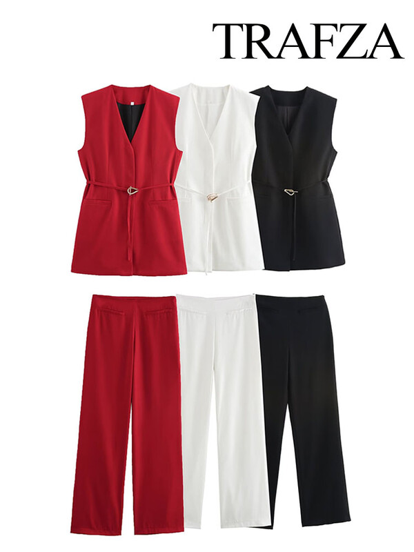 TRAFZA Set 2 piese pentru femei, cu centură elegantă, fără mâneci, cu buzunar, cu decolteu în V, decorare, vestă casual Top + fermoar lateral, pantaloni largi cu talie înaltă.
