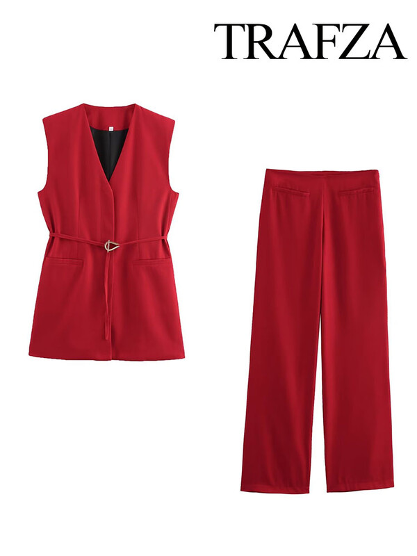 TRAFZA Set 2 piese pentru femei, cu centură elegantă, fără mâneci, cu buzunar, cu decolteu în V, decorare, vestă casual Top + fermoar lateral, pantaloni largi cu talie înaltă.