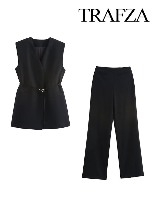 TRAFZA Set 2 piese pentru femei, cu centură elegantă, fără mâneci, cu buzunar, cu decolteu în V, decorare, vestă casual Top + fermoar lateral, pantaloni largi cu talie înaltă.