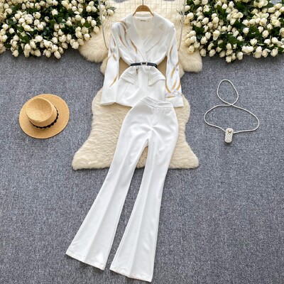 Costum pentru femei 2024, toamnă iarnă, negru, alb, diamant, blazer cu piept dublu și pantaloni evazați cu talie înaltă, set de două piese temperament