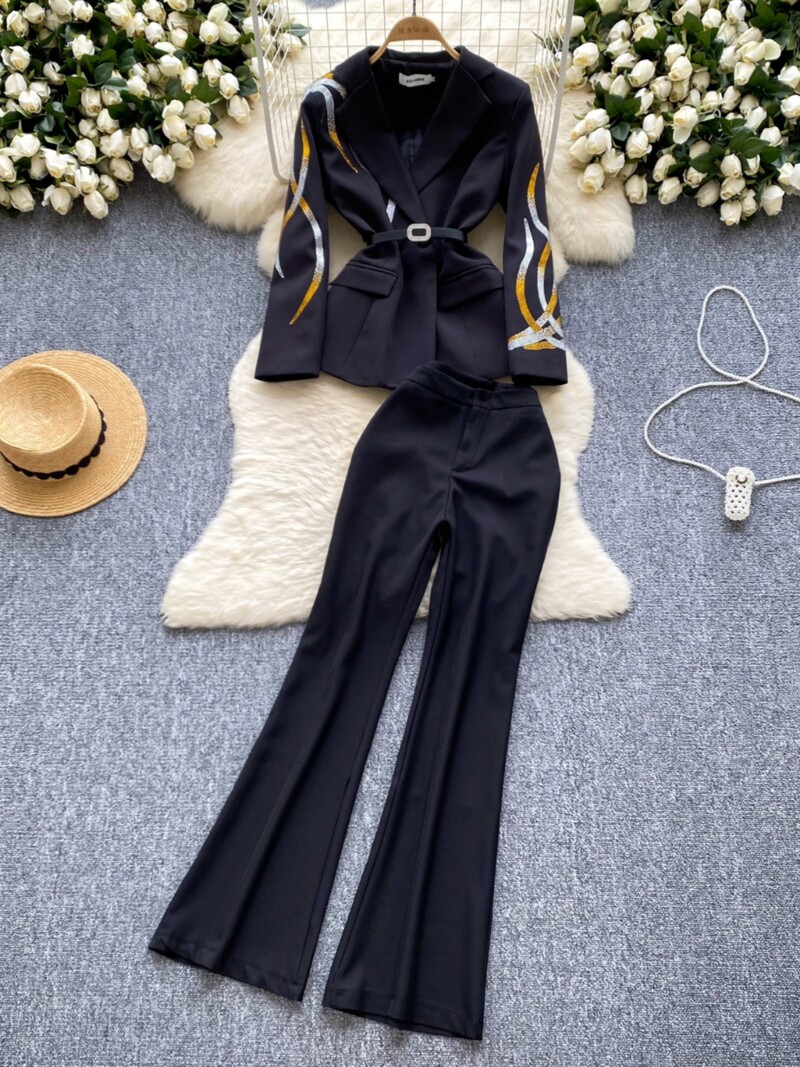 Costum pentru femei 2024, toamnă iarnă, negru, alb, diamant, blazer cu piept dublu și pantaloni evazați cu talie înaltă, set de două piese temperament