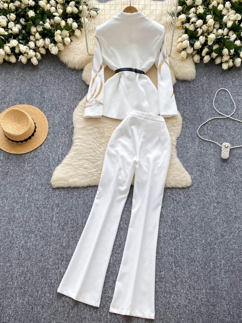 Costum pentru femei 2024, toamnă iarnă, negru, alb, diamant, blazer cu piept dublu și pantaloni evazați cu talie înaltă, set de două piese temperament