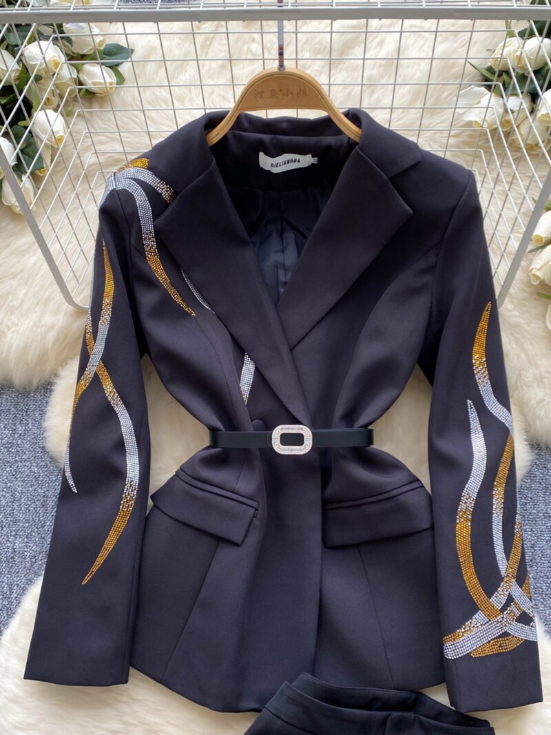 Costum pentru femei 2024, toamnă iarnă, negru, alb, diamant, blazer cu piept dublu și pantaloni evazați cu talie înaltă, set de două piese temperament