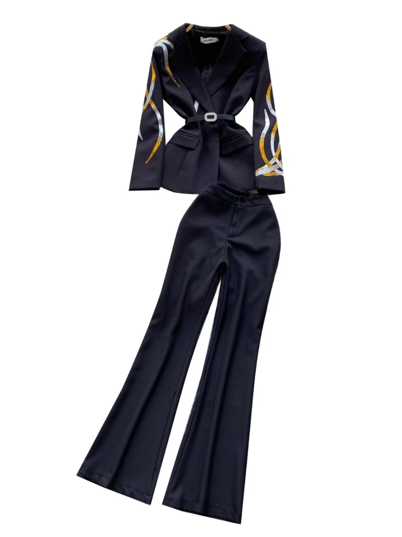 Costum pentru femei 2024, toamnă iarnă, negru, alb, diamant, blazer cu piept dublu și pantaloni evazați cu talie înaltă, set de două piese temperament