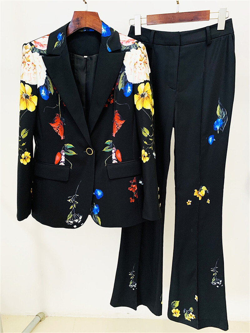 Set de 2 bucăți de costume formale pentru femei cu imprimeu floral, smoking, ținută de petrecere, set de pantaloni evazați.