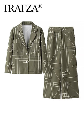 TRAFZA 2024 Νέα μόδα γυναικεία παντελόνια ArmyGreen Geometric print Blazer Top + Ψηλόμεση Casual Γυναικείο μακρύ παντελόνι με φαρδύ πόδι