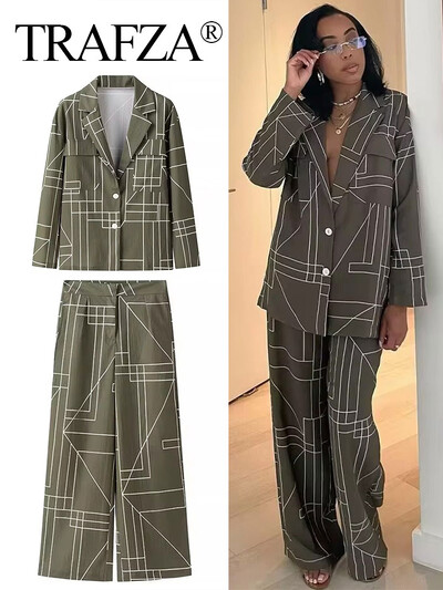 TRAFZA 2024 Nauji madingi moteriški kelnių kostiumai ArmyGreen Geometric Print Blazer Top + aukštu juosmeniu, laisvalaikio moteriškos kelnės plačiomis kojomis