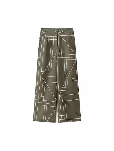 TRAFZA 2024 új divatos női nadrágkosztüm ArmyGreen geometrikus mintás blézer felső + magas derekú alkalmi női széles lábú hosszú nadrág