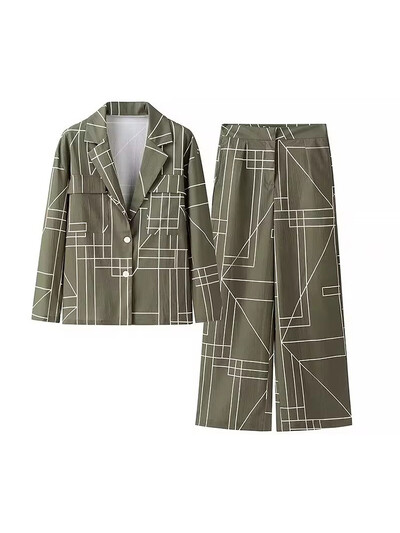 TRAFZA 2024 új divatos női nadrágkosztüm ArmyGreen geometrikus mintás blézer felső + magas derekú alkalmi női széles lábú hosszú nadrág