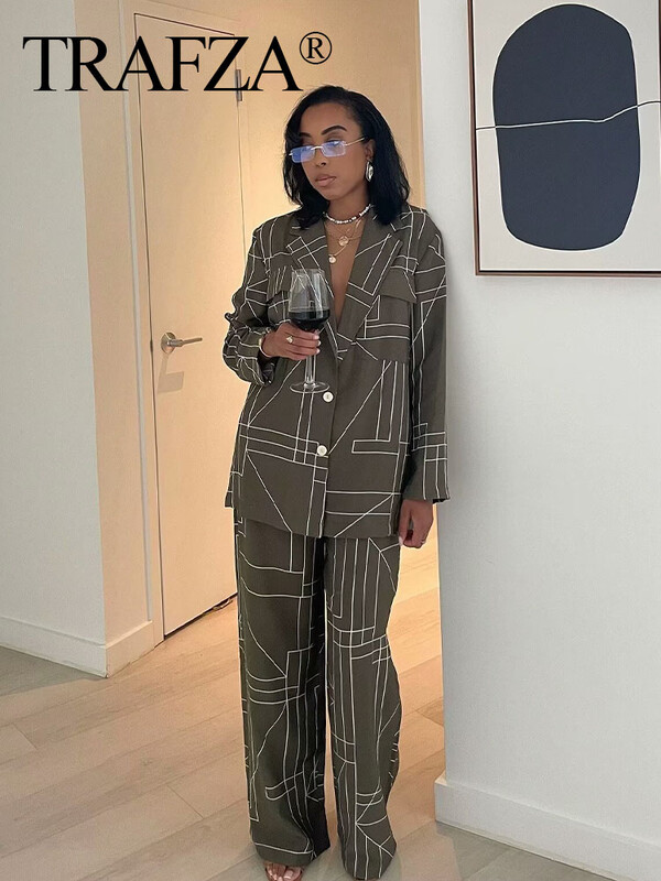 TRAFZA 2024 új divatos női nadrágkosztüm ArmyGreen geometrikus mintás blézer felső + magas derekú alkalmi női széles lábú hosszú nadrág