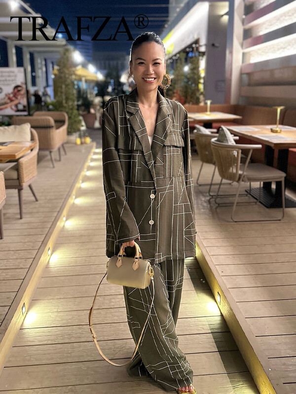 TRAFZA 2024 új divatos női nadrágkosztüm ArmyGreen geometrikus mintás blézer felső + magas derekú alkalmi női széles lábú hosszú nadrág
