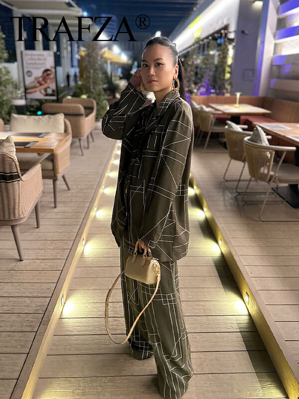 TRAFZA 2024 új divatos női nadrágkosztüm ArmyGreen geometrikus mintás blézer felső + magas derekú alkalmi női széles lábú hosszú nadrág