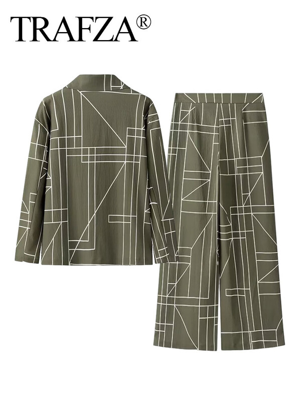 TRAFZA 2024 új divatos női nadrágkosztüm ArmyGreen geometrikus mintás blézer felső + magas derekú alkalmi női széles lábú hosszú nadrág