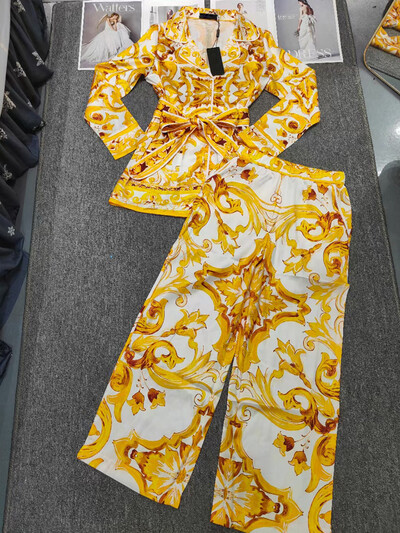 Retro geomeetrilise mustriga pitsiga avara särgi pidžaama kaheosaline 2024 sügis naiste uus + elastne vöökoht laia säärega pükste moekomplekt