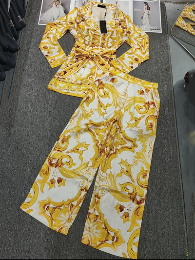 Retro geomeetrilise mustriga pitsiga avara särgi pidžaama kaheosaline 2024 sügis naiste uus + elastne vöökoht laia säärega pükste moekomplekt