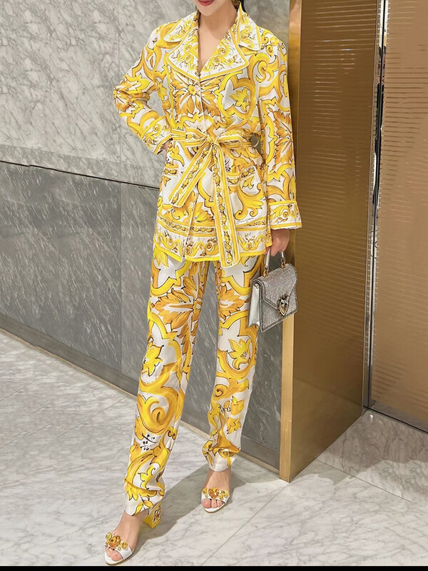 Retro geomeetrilise mustriga pitsiga avara särgi pidžaama kaheosaline 2024 sügis naiste uus + elastne vöökoht laia säärega pükste moekomplekt